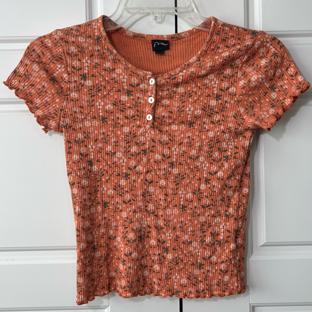 Art Class Terra Cotta Orange Floral Ribbed Short Sleeve Shirt Girls L 10 12